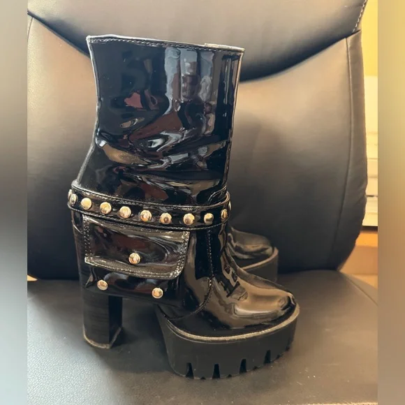 Studded Black Patent Leather Combat Boots - Picture 4 of 5